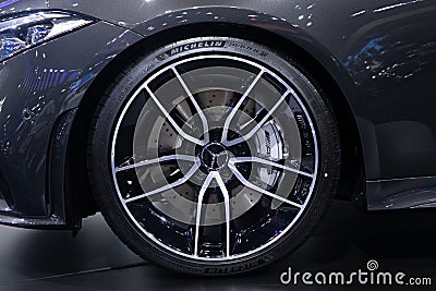 Thailand - Dec , 2018: close up Mercedes benz AMG CLS 53 , black Michelin tire and alloy mag wheel Editorial Stock Photo