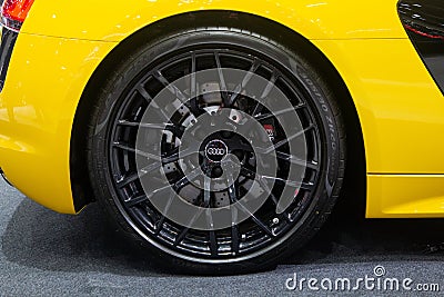 Thailand - Dec , 2018: close up tire and alloy wheel of Audi R8 super sports car presented in motor expo Nonthaburi Thailand Editorial Stock Photo