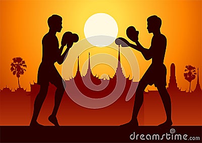 Thailand famous martial arts in scenery design with silhouette design,Muay Thai Vector Illustration