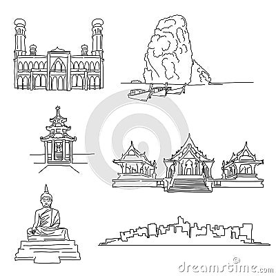 Thailand famous outline landmarks Vector Illustration