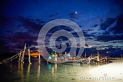 Thailand Fishing Boats at Night Editorial Stock Photo