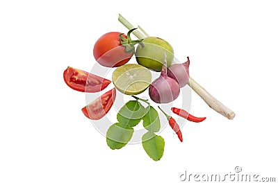 Thailand food ingredients Lemongrass, kaffir lime leaves, tomato Stock Photo