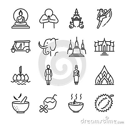 Thailand icon set. Included the icons as Thai greeting, temple, boxing, pagoda, Buddha statue, tom yum kung and more. Vector Illustration