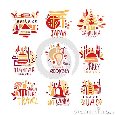 Thailand, Japan, Cambodia, Myanmar, Georgia, Singapore, Turkey, Sri Lanka set of colorful promo signs. Summer travel Vector Illustration