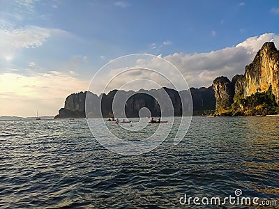 Thailand, Krabi - February 16, 2019: people kayaking around the rocks Editorial Stock Photo