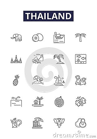 Thailand line vector icons and signs. Bangkok, Phuket, Chiangmai, Krabi, Khao, Samui, Pai, Sukhothai outline vector Vector Illustration