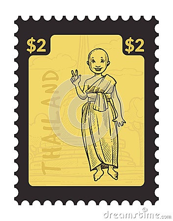 Thailand monk on postcard, postmark design vector Vector Illustration