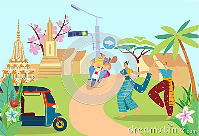 Thailand people traditional dance of thai happy people before caucasian couple on bike, exotic travel entertainment Vector Illustration