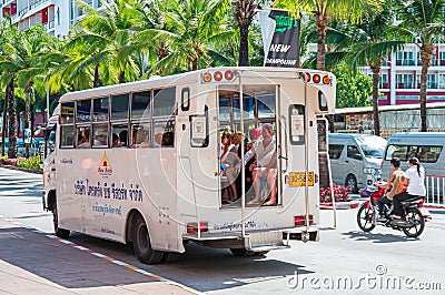 THAILAND, PHUKET, MARCH 22, 2018 - Popular public transport in Asia Tuktuk with passengers on the streets, cheap taxi Editorial Stock Photo
