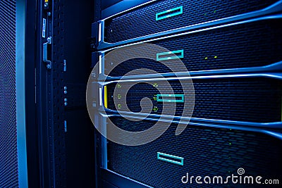 The server room tells the computer server that is working continuously. Convey the power and progress Stock Photo
