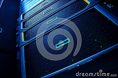 The server room tells the computer server that is working continuously. Convey the power and progress Stock Photo