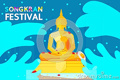 Thailand Songkran Festival. Most people prefer to go to Sprinkle water on to a Buddha Statue Vector Illustration