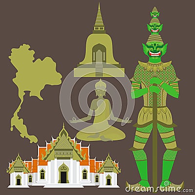 Thailand symbols, Temple Benchamabophit, Guardian Giant Yaksha, Buddhist stupa - chedi, sculpture of Buddha, Stock Photo