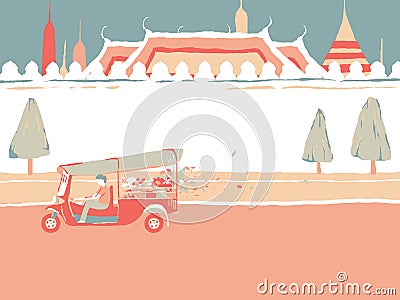 Thailand tourism landscape, auto rickshaw or tuk tuk passing The grand temple palace Vector Illustration