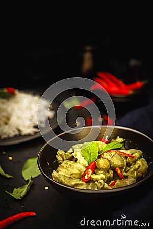 Thailand traditional cuisine, Green curry, Chicken curry, rice, street food, spicy curry Stock Photo