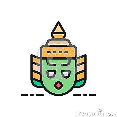 Thailand traditional Khon theater mask, Ravana head flat color line icon. Vector Illustration