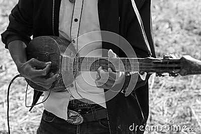 Thailand traditional musician playing folk music, black and whit Stock Photo