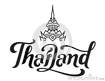 Thailand typography in calligraphy style brush with oriental crown line art. Vector Illustration