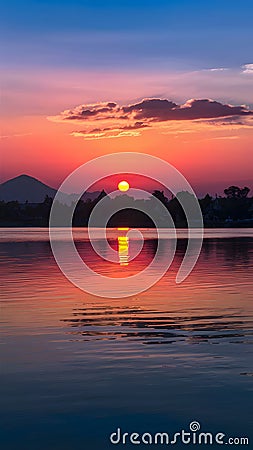 Thailands serene lake reflects vibrant hues of the setting sun Stock Photo