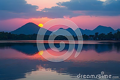 Thailands serene lake reflects vibrant hues of the setting sun Stock Photo