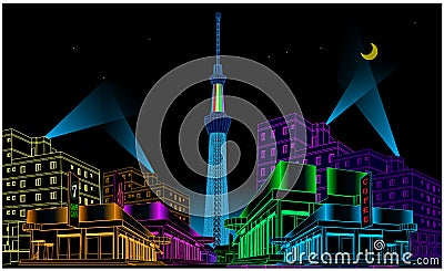 illustration of the city of Tokyo, Japan at night Vector Illustration