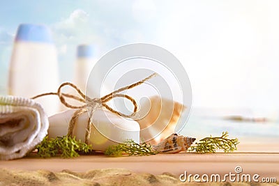 Thalassotherapy products for body therapy with background seascape Stock Photo