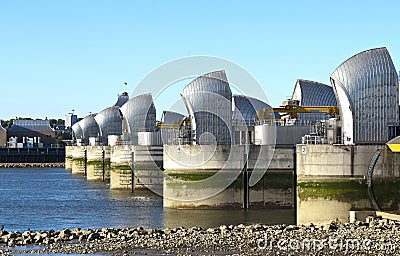 Thames Flood Barrier at Low Tide Stock Photo