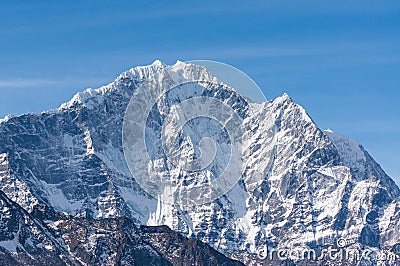 Thamserku mountain peak view from Dingboche village, Himalaya mountains range in Everest base camp trekking route, Nepal Stock Photo