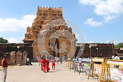 Thanjavur Brihadeeswarar Temple with visiting devotees entering temple Editorial Stock Photo