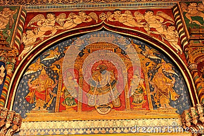 Nice old painting that is called tanjore painting in ministry hall- dharbar hall- of the thanjavur maratha palace Stock Photo