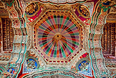 Thanjavur, Tamil Nadu, India - The high arches artworks and colorfully painted wall murals durbar hall Maratha Palace Stock Photo