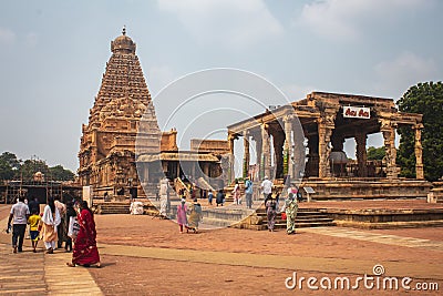 Thanjavur, Tamil Nadu, India - Oct 19 2023: People walking along the complex of Thanjavur Big Temple Editorial Stock Photo
