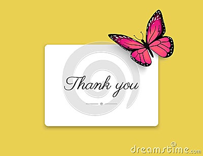 Thank you blank card with beautiful red butterfly on yellow background Vector Illustration