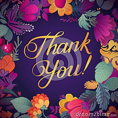 Thank you card in bright colors.Stylish floral background with text, berries, leaves and flower Vector Illustration