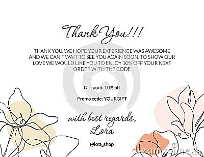 Thank you card for business, feminine style. Elegant card for decoration handmade products. Magnolia line Vector Illustration