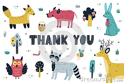 Thank you card with cute forest animals. Woodland characters background Vector Illustration