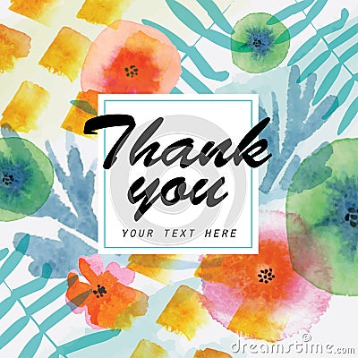 Thank you card decorated with watercolor floral elements. Vector Illustration