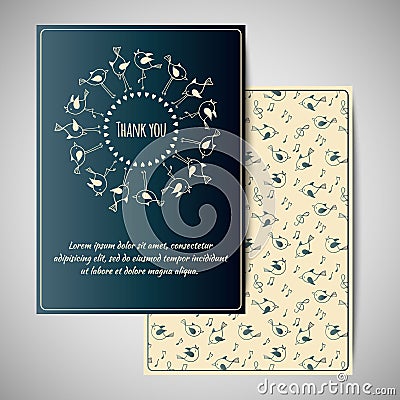 Thank you card design with cute birds. Vector Illustration