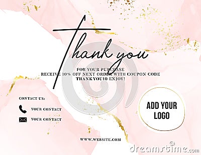 Thank You Card watercolor pink gold, customer service women business card , promotion Voucher , post purchase insert. Elegant Vector Illustration