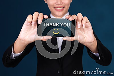 Thank you concept, Happy businesswoman Show text Thank you on Sm Stock Photo