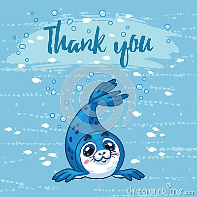 Thank you. Cute card with cartoon baby Seal. Vector illustration Vector Illustration