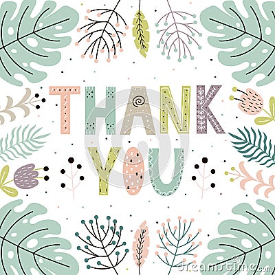 Thank you cute card with hand drawn leaves and plants Vector Illustration