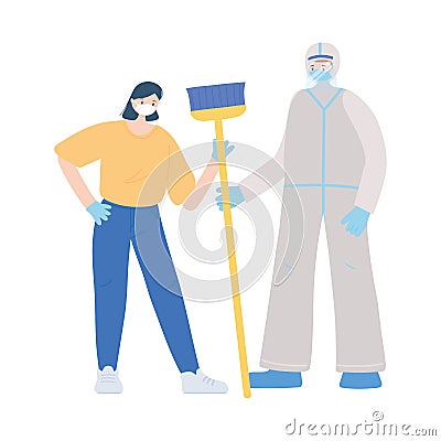 Thank you essential workers, cleaner woman with broom and doctor with protective suit, wearing face masks, coronavirus Vector Illustration
