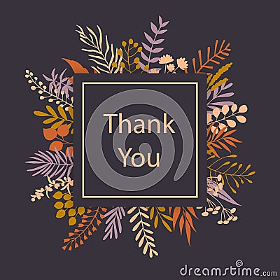 Thank you floral twigs branches frame greeting card Vector Illustration