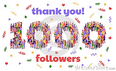 Thank you 1000 followers banner. Social media thousand subscriber milestone celebration party confetti and people crowd Vector Illustration