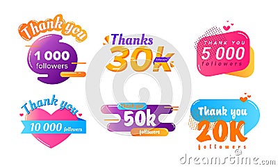 Thank You Followers Counter Banners Set. Posters Tags Stickers in Colorful Memphis Style with Typography Vector Illustration