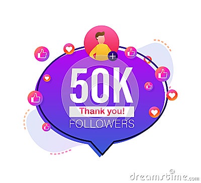 Thank you 50000 followers numbers. Flat style banner. Congratulating multicolored thanks image for net friends likes Vector Illustration