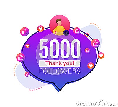 Thank you 5000 followers numbers. Flat style banner. Congratulating multicolored thanks image for net friends likes Vector Illustration