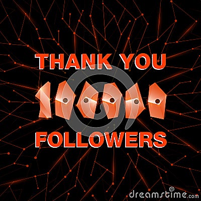 Thank you 100000 followers, thanks banner. Follower congratulation card with polygonal numbers and neural network background for Vector Illustration