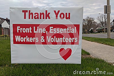 Thank you front line, essential workers & volunteers sign in front of a house during corona virus pandemic outbreak Stock Photo